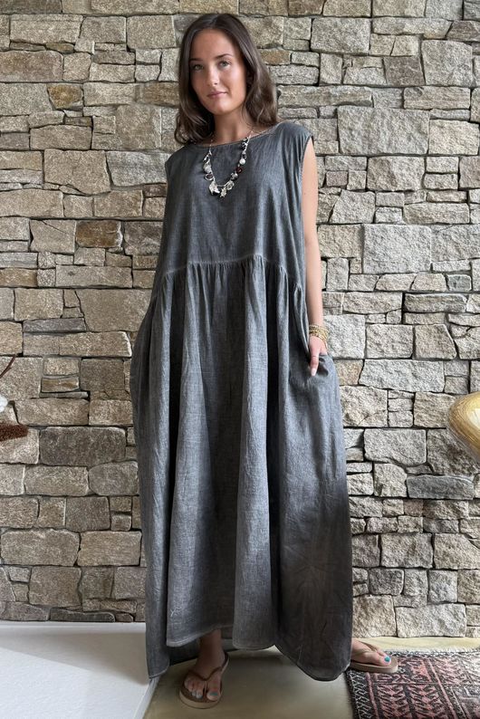 Lenni Cotton Smock Dress Washed Charcoal /50=